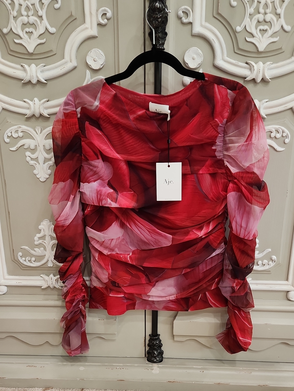 Aje Red Floral Ruching Long-Sleeve Top Size US 6/ AU 10 BNWT